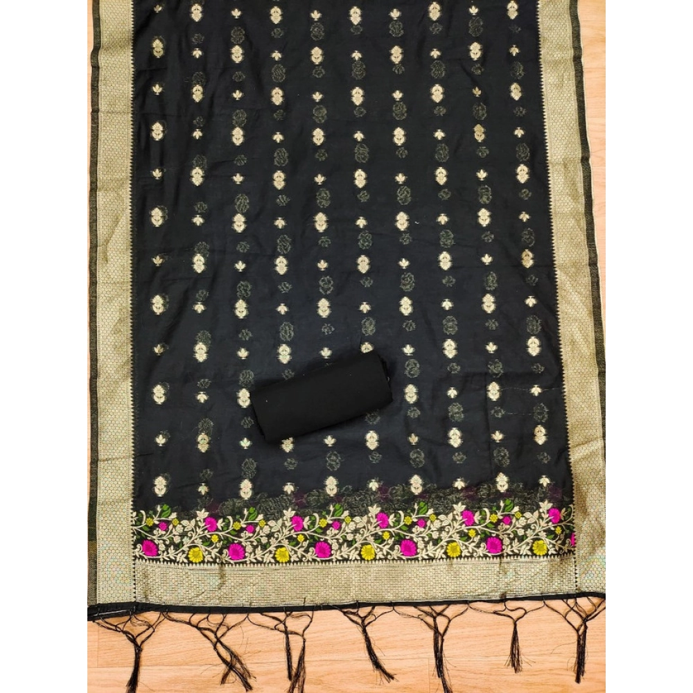 Women's Banarasi Silk Printed Unstitched Salwar Suit Material With Dupatta (Black, 3Mtrs)