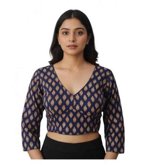 Women's Ajrakh Cotton Printed Halter Neck Padded Blouse (Navy 38 Ready (Self Alterable 36–40)