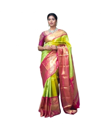 Women's Litchi silk Printed Saree With Unstitched Blouse (Green)