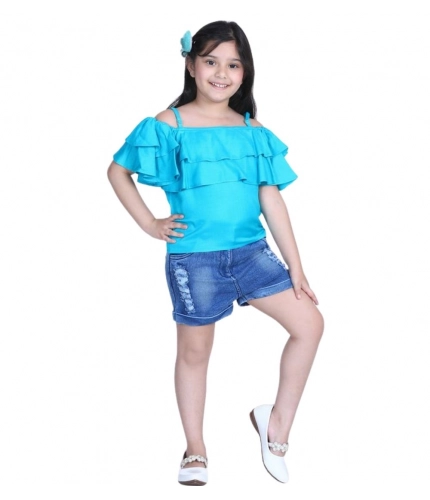 Girl's Rayon Solid Cold Shoulder Top with Shorts (Blue)