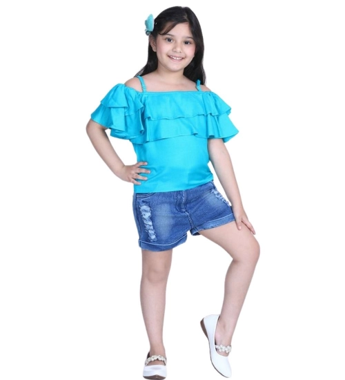 Girl's Rayon Solid Cold Shoulder Top with Shorts (Blue) Girl's Rayon Solid Cold Shoulder Top with Shorts (Blue)