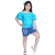 Girl's Rayon Solid Cold Shoulder Top with Shorts (Blue) Girl's Rayon Solid Cold Shoulder Top with Shorts (Blue)