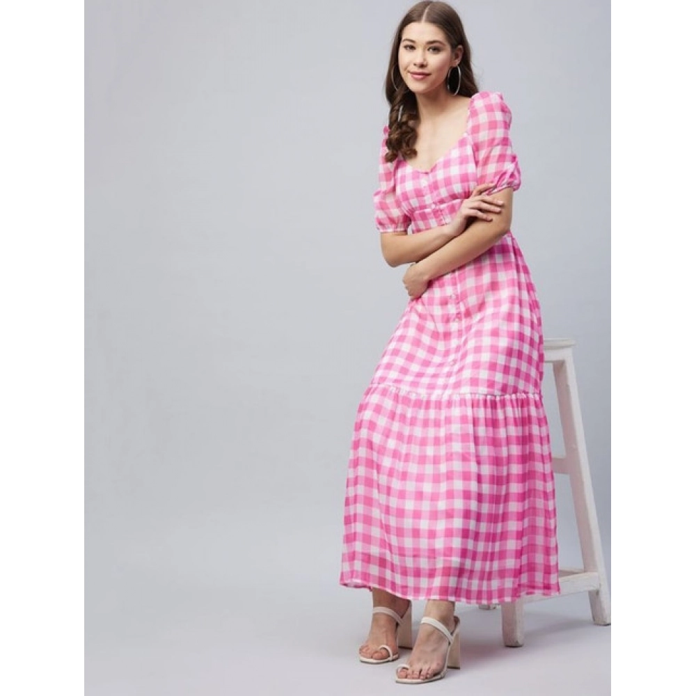 Women's Polyester Georgette Checkered Half Sleeve Dress (Pink) Women's Polyester Georgette Checkered Half Sleeve Dress (Pink)