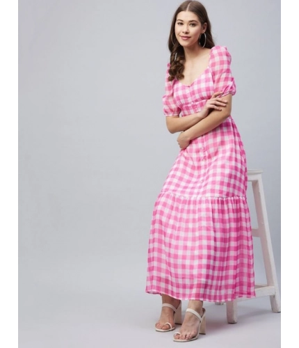 Women's Polyester Georgette Checkered Half Sleeve Dress (Pink)