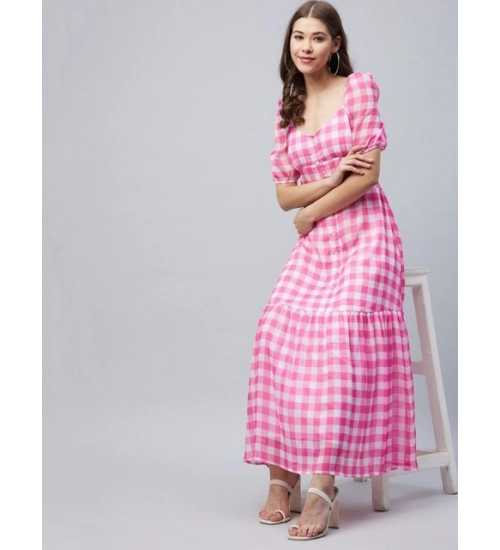Women's Polyester Georgette Checkered Half Sleeve Dress (Pink)