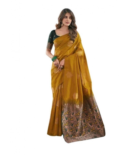 Women's Soft Lichi Silk Printed Saree With Unstitched Blouse 5.5Mtr (Mustard )