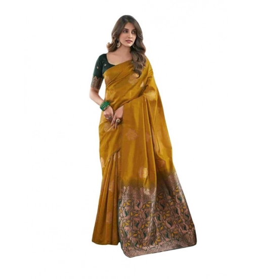 Women's Soft Lichi Silk Printed Saree With Unstitched Blouse 5.5Mtr (Mustard )