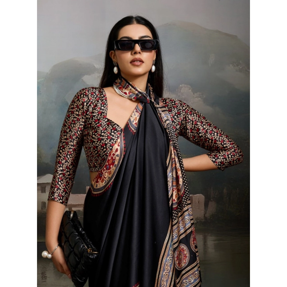 Women's Satin Crepe Printed Saree With Unstitched Blouse 5.5Mtr (Black)