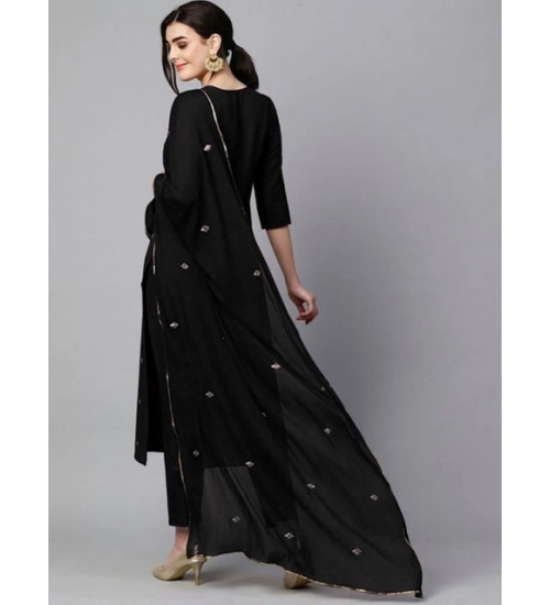 Women's Tesla Silk Embroidered U-Neck Kurti With Pant Dupatta Set (Black)