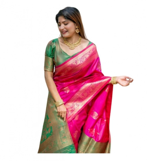Women's Katan_Silk Zari_Weaving Saree With Unstitched Blouse 5.5Mtr (Pink)