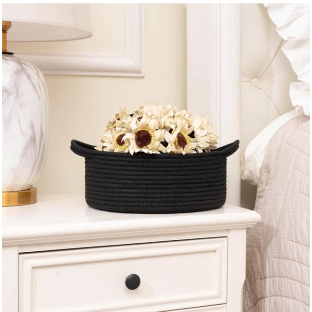 Cotton 8x3 Inch Round Bedside Organizer (Black)