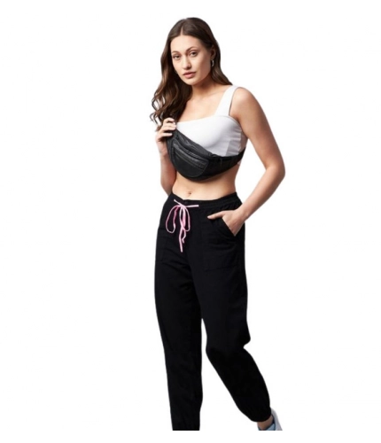Women's Cotton Twill Solid Elasticated Trousers (Black)