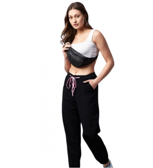 Women's Cotton Twill Solid Elasticated Trousers (Black)