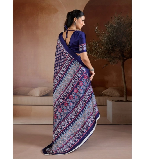 Women's Satin Crepe Printed Saree With Unstitched Blouse 5.5Mtr (Navy Blue)