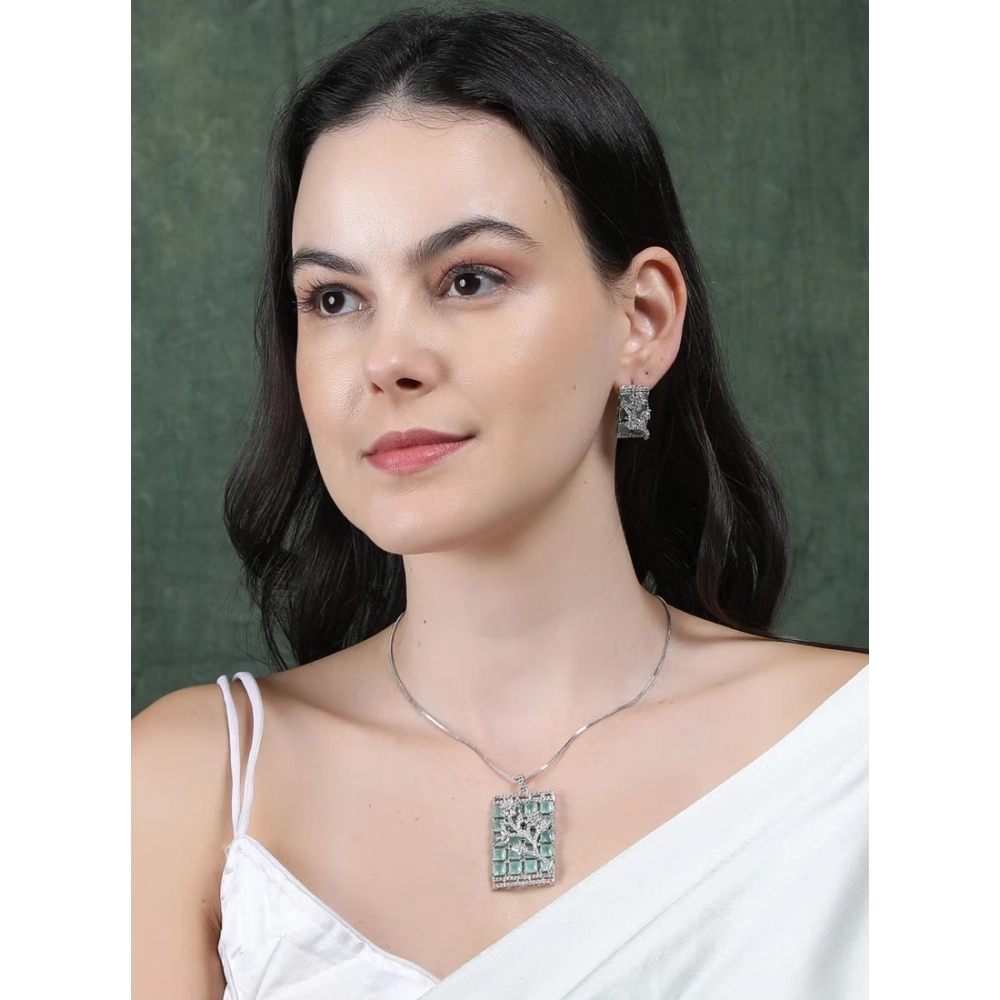 Women's Brass Silver Plated Pendant Set (Turquoise)