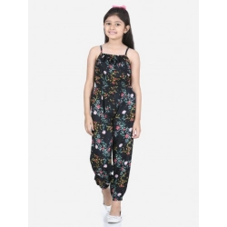 Girl's Rayon Flamingo Print Sleeveless Jumpsuit (Black-Multicolor)