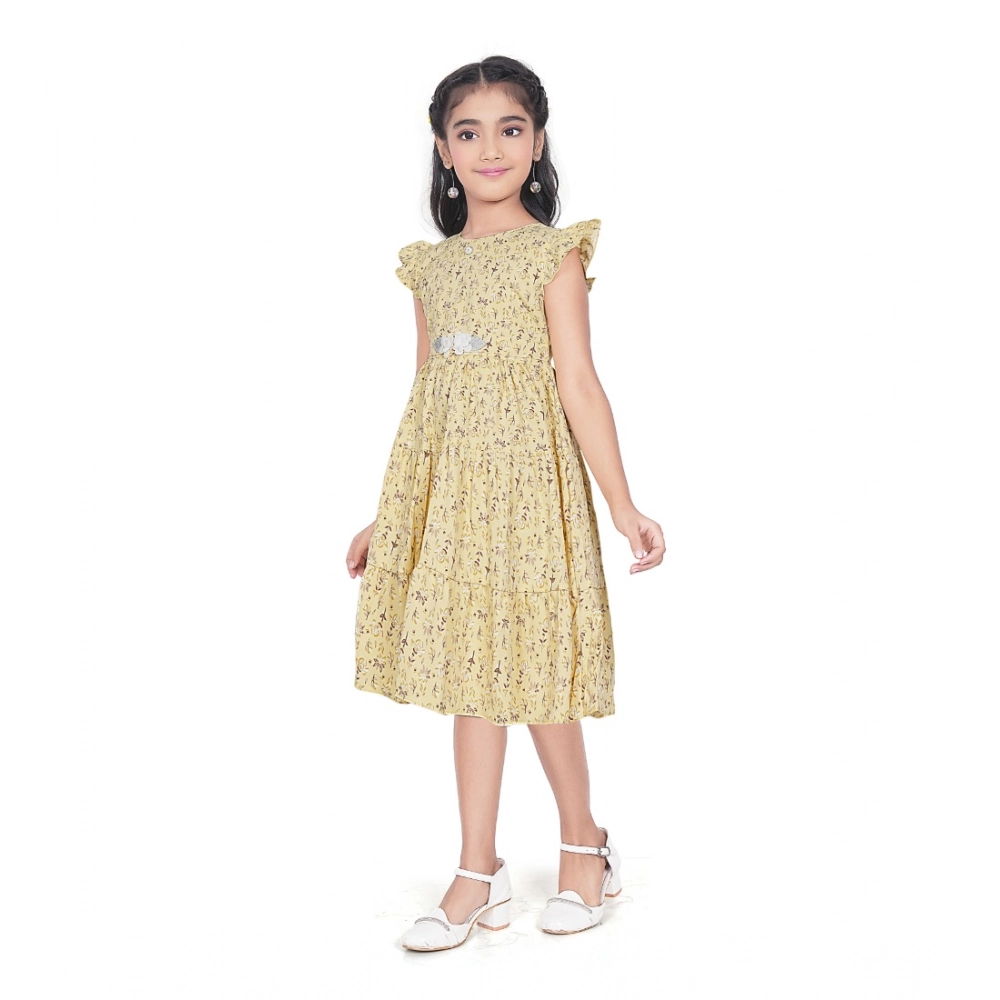 Girl's Twill Printed Short Sleeve Round Neck Dress (Yellow)