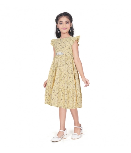 Girl's Twill Printed Short Sleeve Round Neck Dress (Yellow)