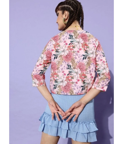 Women's Polyester Floral 3-4th Sleeves Shrug (Peach)