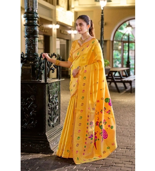 Women's Silk Blend Paithani Weaving Saree With Unstitched Blouse 5.5Mtr (Mustard)