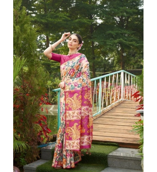 Women's Faux_Tussar Kalamkari_Print Saree With Unstitched Blouse 5.5Mtr (Pink)
