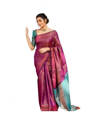 Women's Soft Lichi Silk Printed Saree With Unstitched Blouse 5.5Mtr (Purple)