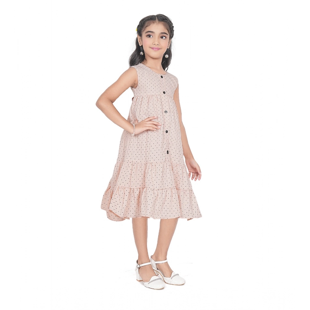 Girl's Slub Printed Sleeve Less Round Neck Dress (Brown) Girl's Slub Printed Sleeve Less Round Neck Dress (Brown)