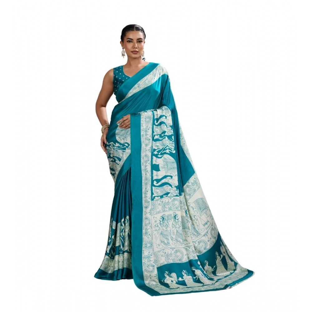 Women's Satin Crepe Printed Saree With Unstitched Blouse 5.5Mtr (Sky Blue)