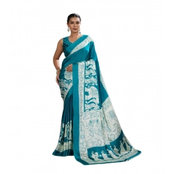 Women's Satin Crepe Printed Saree With Unstitched Blouse 5.5Mtr (Sky Blue)