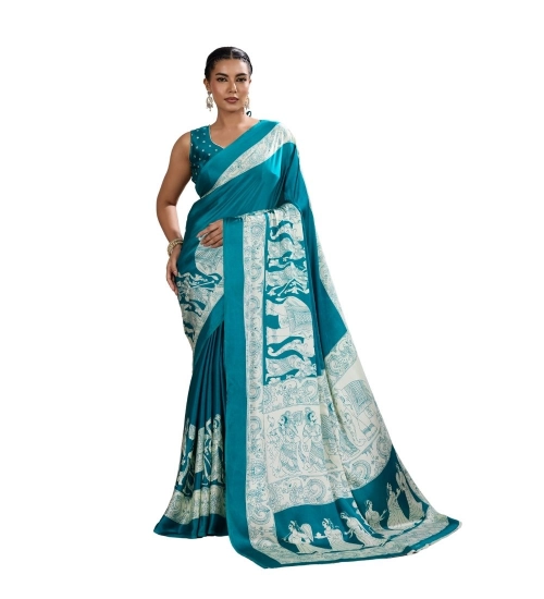 Women's Satin Crepe Printed Saree With Unstitched Blouse 5.5Mtr (Sky Blue)