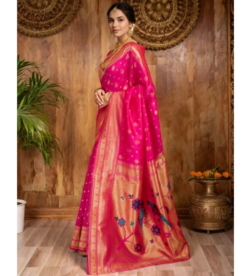 Women's Silk Blend Zari Weaving Saree With Unstitched Blouse 5.5Mtr (Pink)