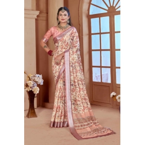 Generic Women's Printed Cotton Linen Saree withPrinted  Saree With Unstitched Blouse (Beige, 5-6Mtrs)
