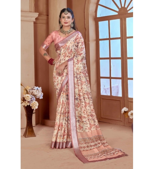 Women's Printed Cotton Linen Saree withPrinted  Saree With Unstitched Blouse (Beige, 5-6Mtrs)