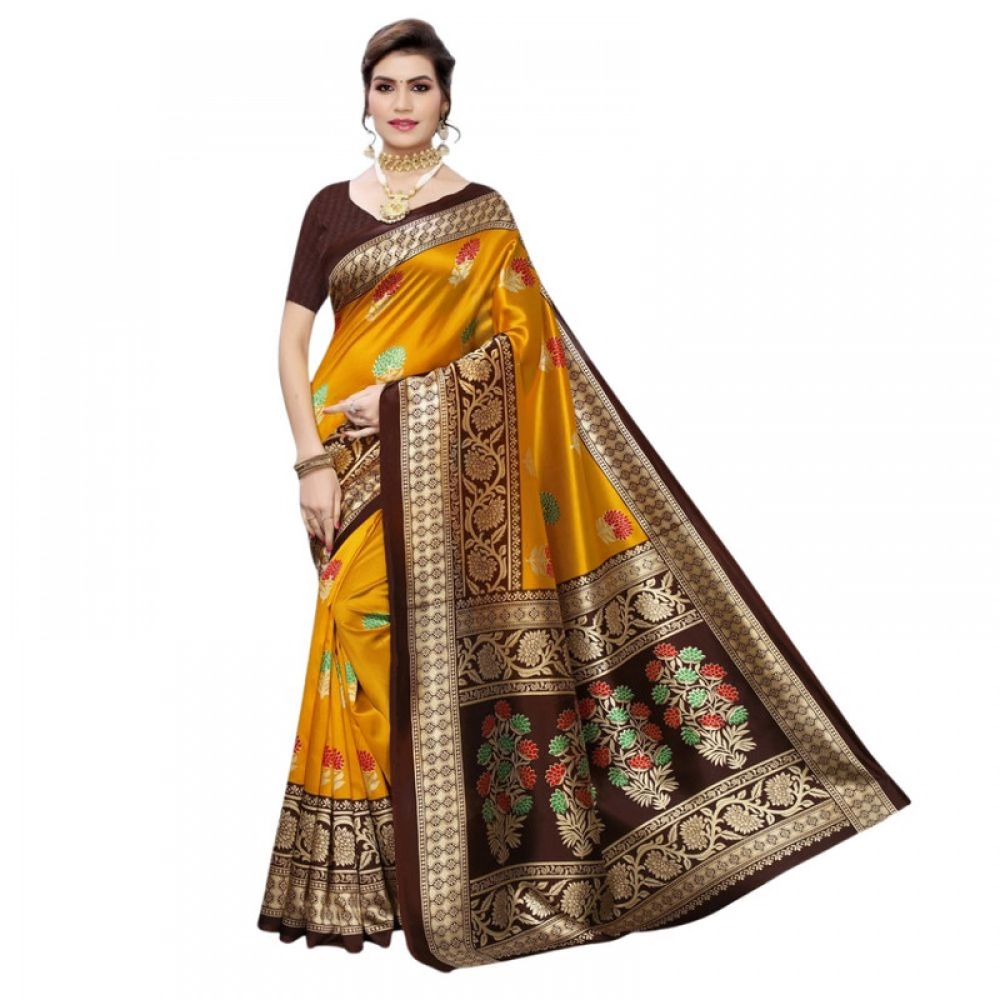 Women's Litchi silk Printed Saree With Unstitched Blouse 5-6 Mtrs (Mustard Yellow) Women's Litchi silk Printed Saree With Unstitched Blouse 5-6 Mtrs (Mustard Yellow)
