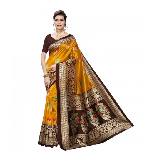 Women's Litchi silk Printed Saree With Unstitched Blouse  5-6 Mtrs (Mustard Yellow)