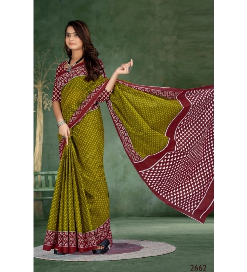 Women's Soft Pure Cotton Printed Saree With Unstitched Blouse 5.5Mtr (Mehendi green)
