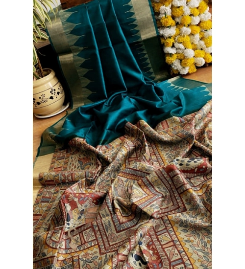 Women's Tussar Silk Madhubani Saree With Unstitched Blouse 5.5Mtr (Rama)