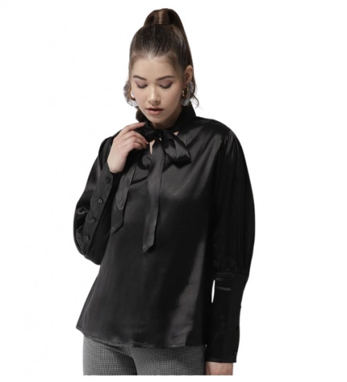Women's Polyester Solid Long Sleeves Top (Black)