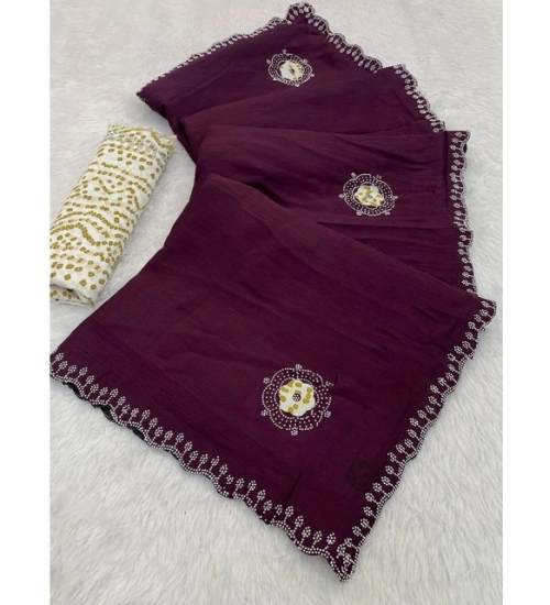 Women's Chiffon Butti Dotted Saree With Unstitched Blouse 5.5Mtr (Wine)