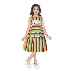 Girl's Pure Cotton Striped Sleeve Less Round Neck Dress (Multicolor)