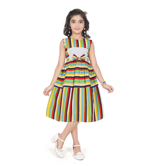 Girl's Pure Cotton Striped Sleeve Less Round Neck Dress (Multicolor)