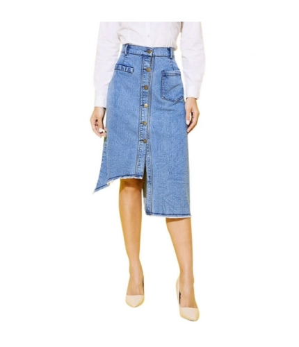 Women's Denim Hi Lo Buttoned Skirt (Blue)