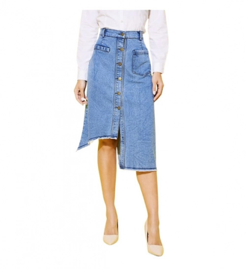 Women's Denim Hi Lo Buttoned Skirt (Blue)