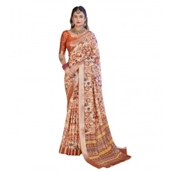 Women's Printed Cotton Linen Saree withPrinted  Saree With Unstitched Blouse (Orange , 5-6Mtrs)