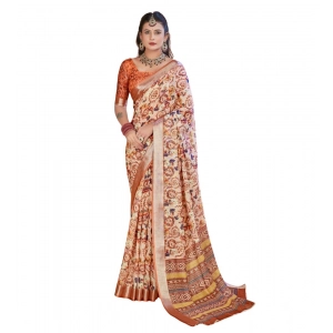 Generic Women's Printed Cotton Linen Saree withPrinted  Saree With Unstitched Blouse (Orange , 5-6Mtrs)