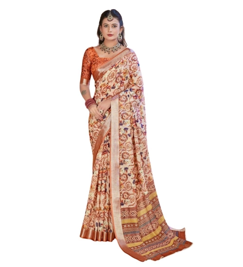 Women's Printed Cotton Linen Saree withPrinted  Saree With Unstitched Blouse (Orange , 5-6Mtrs)