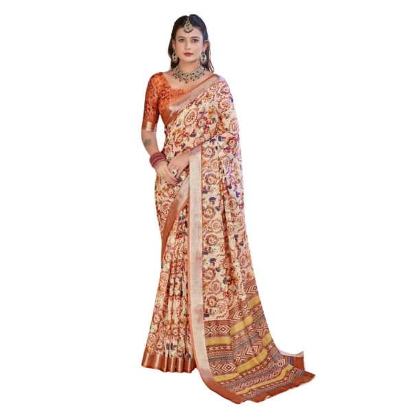 Dropship Women's Printed Cotton Linen Saree withPrinted  Saree With Unstitched Blouse (Orange , 5-6Mtrs)