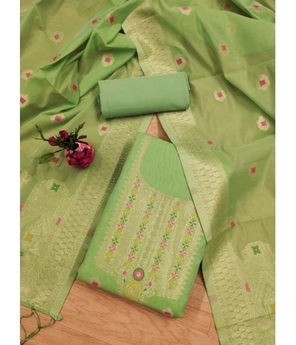 Women's Banarasi Silk Printed Unstitched Salwar Suit Material With Dupatta (Pista, 3Mtrs)