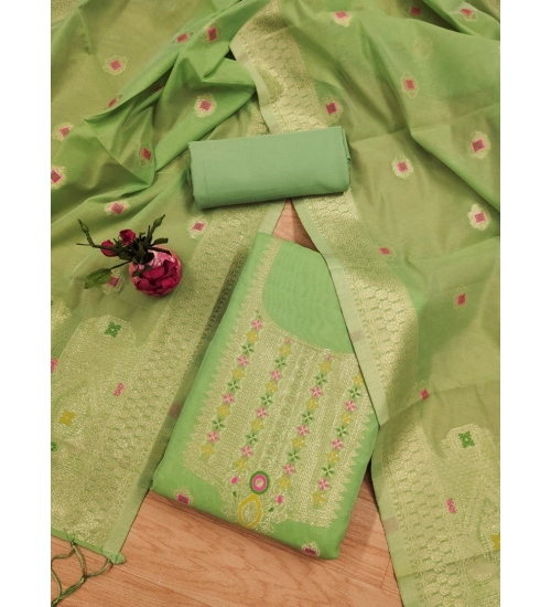 Women's Banarasi Silk Printed Unstitched Salwar Suit Material With Dupatta (Pista, 3Mtrs)