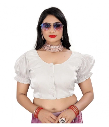 Women's Jimmy Solid Designer Neck Elastic Sleeve Readymade Blouse (White 38 , Alterable up to 42)-PID65836